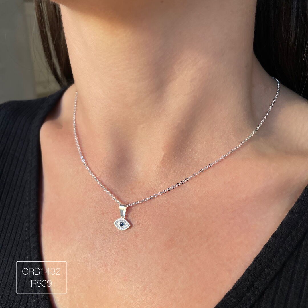 Colar de Olho Grego Delicado Cravejado Cristal Prateado